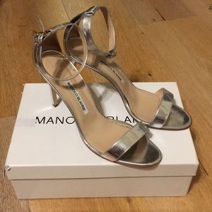 Silver Manolo Blahnik Choas Ankle Strap Heel